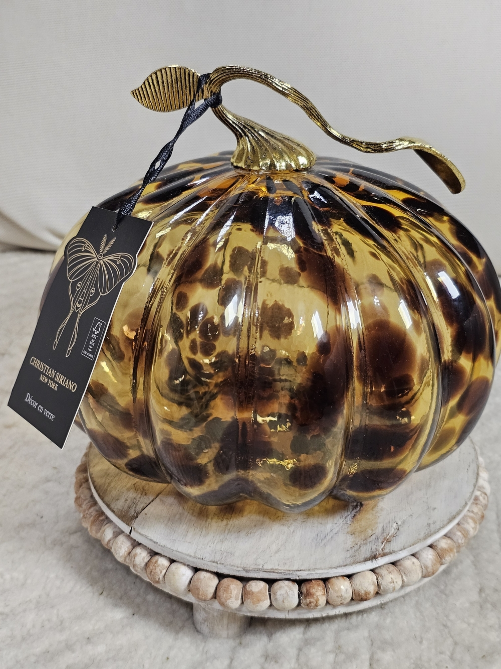 9" Christian Siriano Glass Pumpkin Leopard Tortoise Print Gold Stem Fall Decor